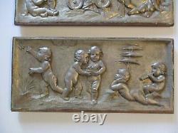 Antique Pair Carving Wood Panel Cupid Nude Cherrub Baby Wine Barrel Icon 1880's