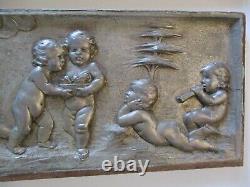 Antique Pair Carving Wood Panel Cupid Nude Cherrub Baby Wine Barrel Icon 1880's