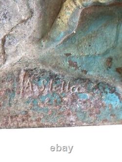 Antique Pair Cast Iron Gallant Scene A. Stella Musketeers Duel Bas Reliefs Sign