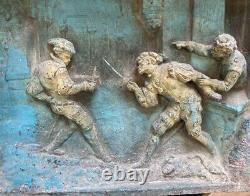 Antique Pair Cast Iron Gallant Scene A. Stella Musketeers Duel Bas Reliefs Sign