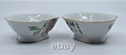 Antique Pair Chinese Serving Dishes Bowls Birds Flowers signed, Rose Famille