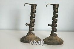 Antique Pair Courting Candlestick Spiral Wrought Iron Signed LM LN 1700's