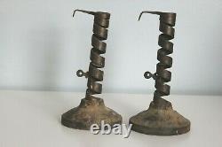 Antique Pair Courting Candlestick Spiral Wrought Iron Signed LM LN 1700's
