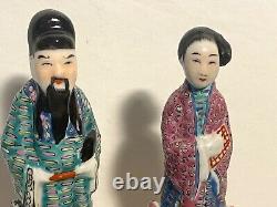 Antique Pair Famille Rose Enamel Porcelain Figurines Signed Chinese Republic Era