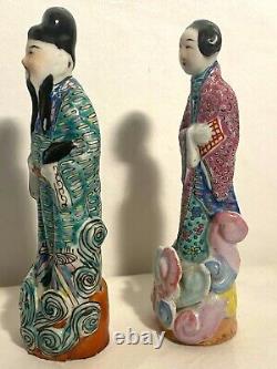 Antique Pair Famille Rose Enamel Porcelain Figurines Signed Chinese Republic Era