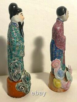 Antique Pair Famille Rose Enamel Porcelain Figurines Signed Chinese Republic Era