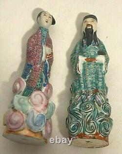 Antique Pair Famille Rose Enamel Porcelain Figurines Signed Chinese Republic Era