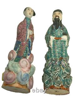 Antique Pair Famille Rose Enamel Porcelain Figurines Signed Chinese Republic Era