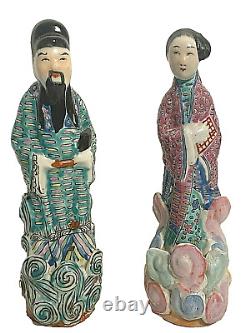 Antique Pair Famille Rose Enamel Porcelain Figurines Signed Chinese Republic Era