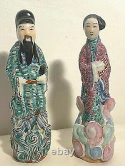 Antique Pair Famille Rose Enamel Porcelain Figurines Signed Chinese Republic Era