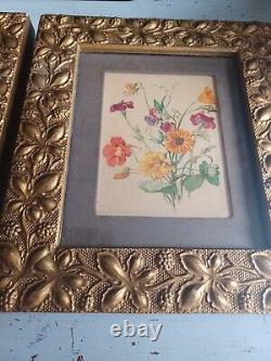 Antique Pair Floral Art Prints Signed Botanical Flowers Gold Gilt/Gilded Frames