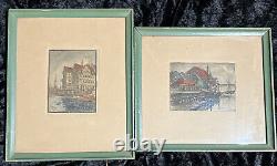 Antique Pair Framed Etching Denmark Danish Hjalmer Bachmann Signed Original