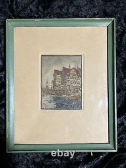 Antique Pair Framed Etching Denmark Danish Hjalmer Bachmann Signed Original