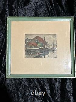 Antique Pair Framed Etching Denmark Danish Hjalmer Bachmann Signed Original