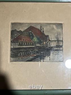 Antique Pair Framed Etching Denmark Danish Hjalmer Bachmann Signed Original