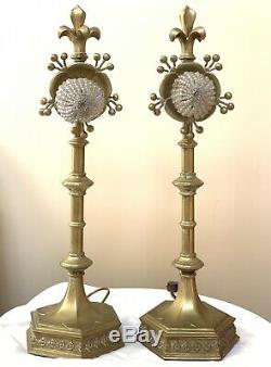 Antique Pair French Fleur De Lys Lis Brass Bronze Art Deco Nouveau Lamp Signed