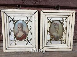 Antique Pair French Victorian Miniature Woman Prints in Bone Frames Signed Reny