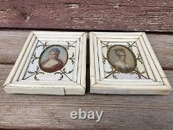 Antique Pair French Victorian Miniature Woman Prints in Bone Frames Signed Reny