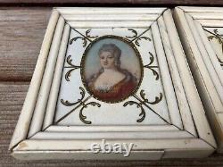 Antique Pair French Victorian Miniature Woman Prints in Bone Frames Signed Reny