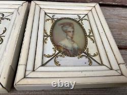 Antique Pair French Victorian Miniature Woman Prints in Bone Frames Signed Reny