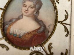 Antique Pair French Victorian Miniature Woman Prints in Bone Frames Signed Reny