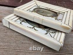 Antique Pair French Victorian Miniature Woman Prints in Bone Frames Signed Reny