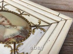 Antique Pair French Victorian Miniature Woman Prints in Bone Frames Signed Reny