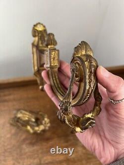 Antique Pair Gilt Bronze Ormolu French Swag Floral Curtain Tie Backs Hook Signed