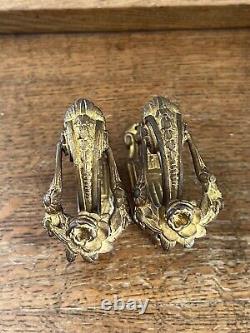 Antique Pair Gilt Bronze Ormolu French Swag Floral Curtain Tie Backs Hook Signed