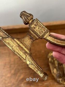 Antique Pair Gilt Bronze Ormolu French Swag Floral Curtain Tie Backs Hook Signed