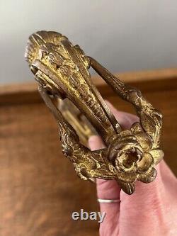 Antique Pair Gilt Bronze Ormolu French Swag Floral Curtain Tie Backs Hook Signed