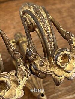 Antique Pair Gilt Bronze Ormolu French Swag Floral Curtain Tie Backs Hook Signed