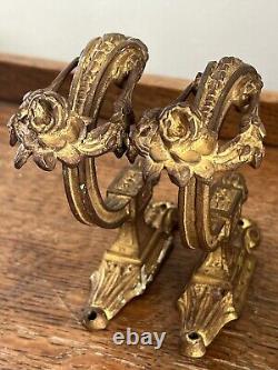 Antique Pair Gilt Bronze Ormolu French Swag Floral Curtain Tie Backs Hook Signed