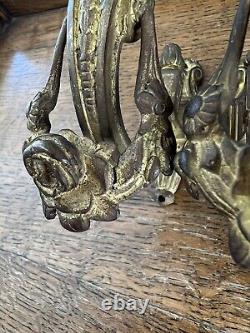 Antique Pair Gilt Bronze Ormolu French Swag Floral Curtain Tie Backs Hook Signed