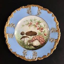 Antique Pair Hammersley Hand Painted Mushrooms Plates Gold Encrusted Signed