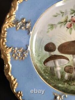 Antique Pair Hammersley Hand Painted Mushrooms Plates Gold Encrusted Signed
