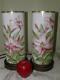 Antique Pair Hand Painted Lilies Milk Glass Tube Lamps Artist Signed Brass Bases