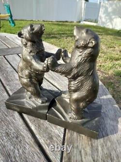 Antique Pair Japanese Bronze Standing Bears Bookends Signed