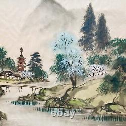 Antique Pair Japanese Watercolor Landscape Paintings Signed Bamboo Framed