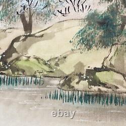 Antique Pair Japanese Watercolor Landscape Paintings Signed Bamboo Framed
