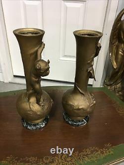 Antique Pair L & F Moreau French Spelter Vases Signed Foundry Mark Cherubs Frog