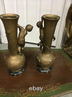 Antique Pair L & F Moreau French Spelter Vases Signed Foundry Mark Cherubs Frog