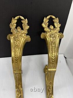Antique Pair Large French Style Gilt Bronze Curtain Rod Brackets Signed AH 315