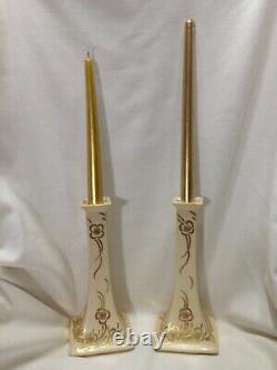 Antique Pair Limoges B & Co. Porcelain Candle Holders France Ivory & Gold Signed