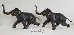 Antique Pair Meiji Period Signed Japanese Charging Elephants Bronze Sculpture