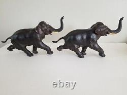 Antique Pair Meiji Period Signed Japanese Charging Elephants Bronze Sculpture