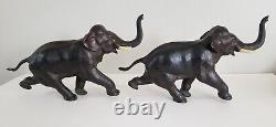 Antique Pair Meiji Period Signed Japanese Charging Elephants Bronze Sculpture