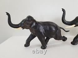 Antique Pair Meiji Period Signed Japanese Charging Elephants Bronze Sculpture