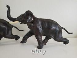 Antique Pair Meiji Period Signed Japanese Charging Elephants Bronze Sculpture