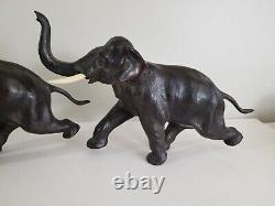 Antique Pair Meiji Period Signed Japanese Charging Elephants Bronze Sculpture